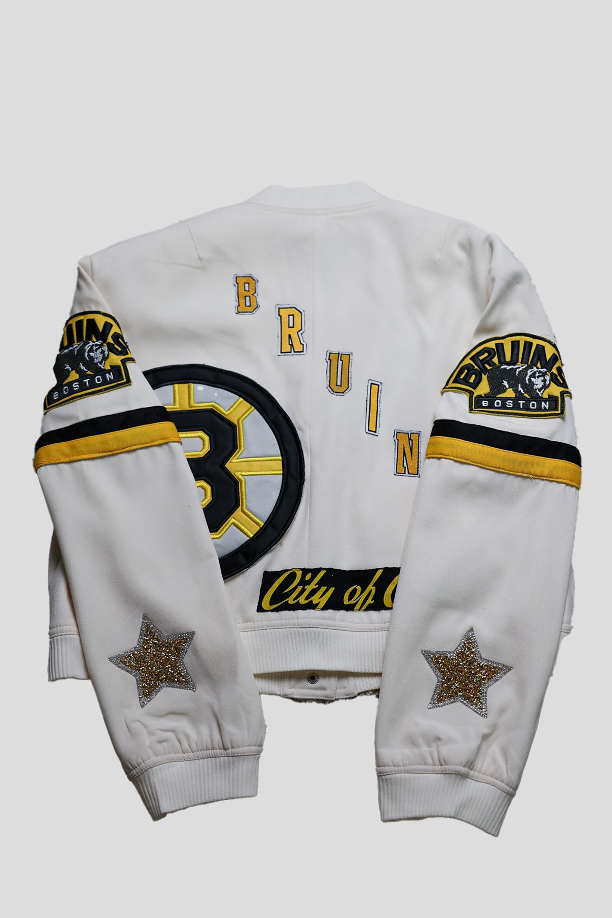 Upcycled Bruins Patchwork White Bomber Jacket