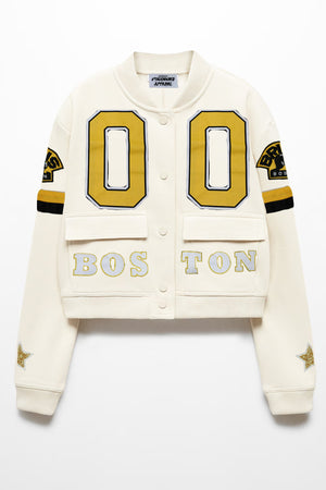 Upcycled Bruins Patchwork White Bomber Jacket