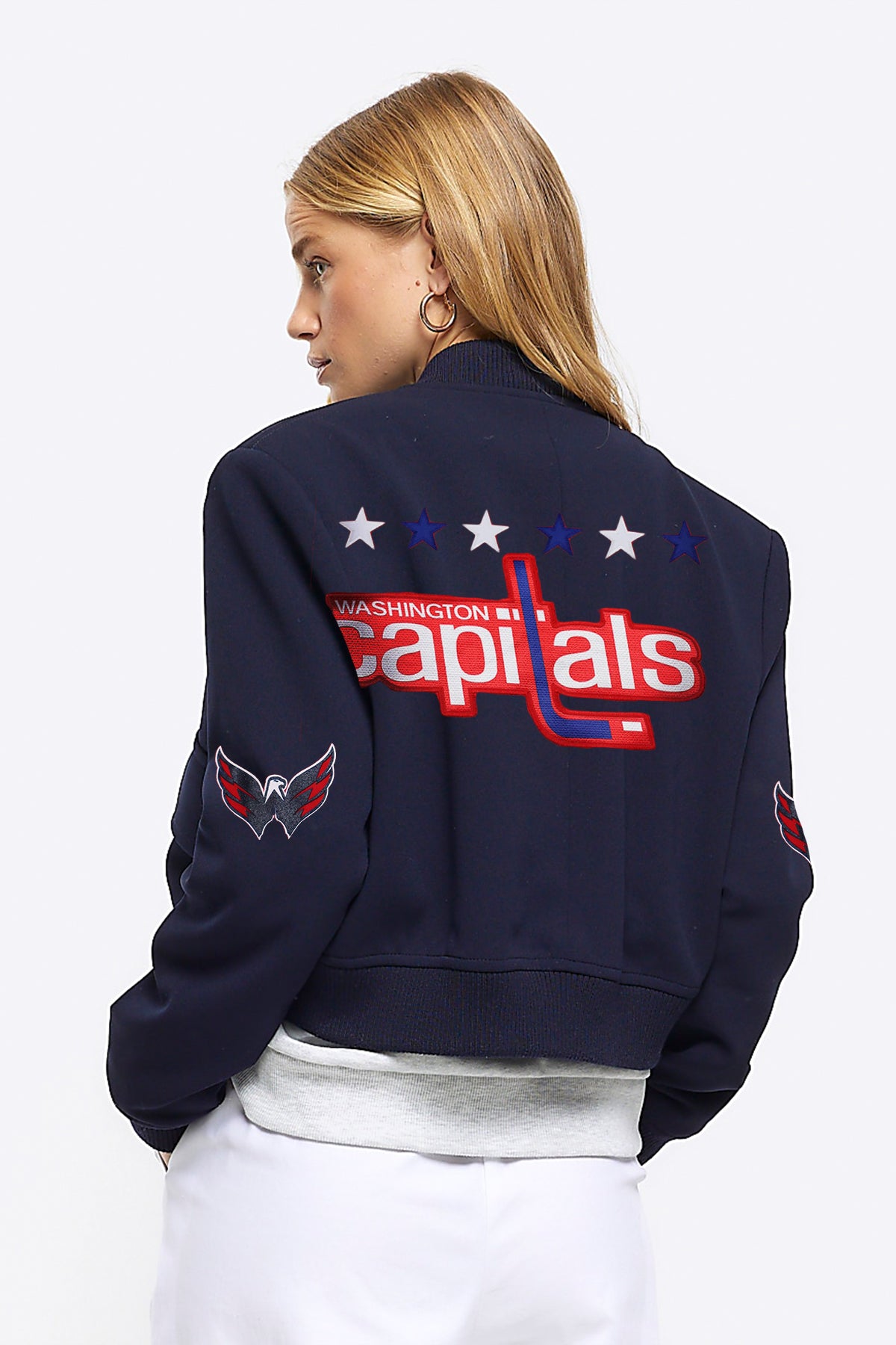 Upcycled Capitals Patchwork Navy Bomber Jacket
