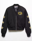 Upcycled Stars Patchwork Black Satin Bomber Jacket