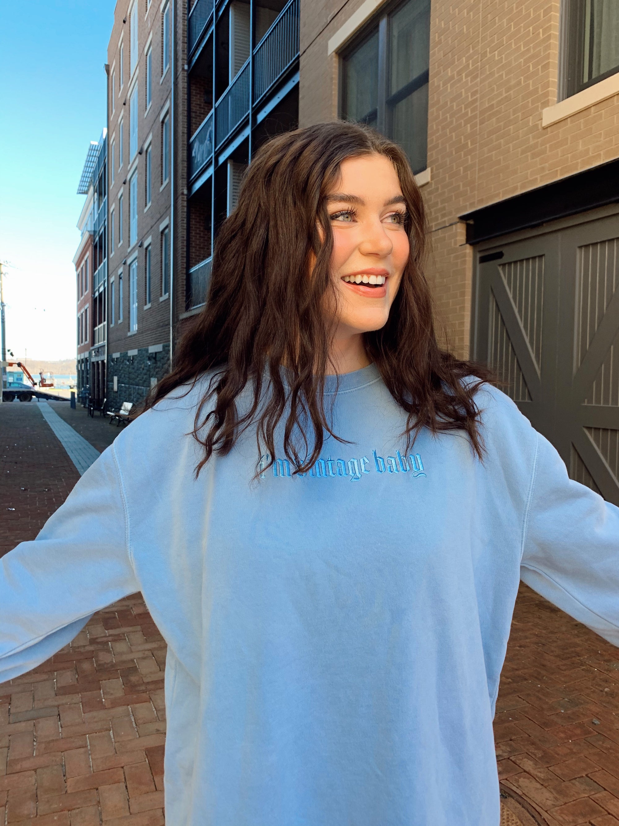 I'm Vintage Baby Embroidered Dusty Blue Pigment Dyed Sweatshirt